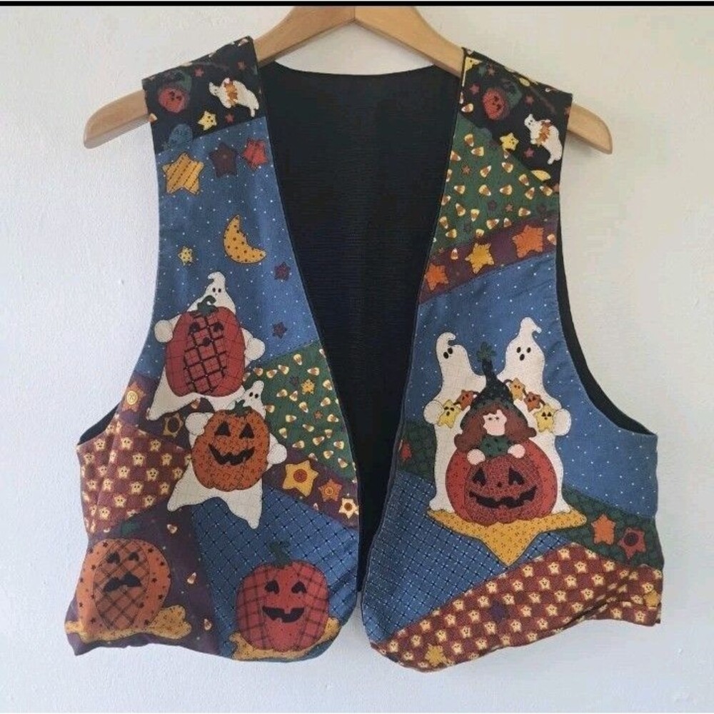 Vintage Halloween Vest Ghost Pumpkins Candy Corn Large Witches Hocus Pocus